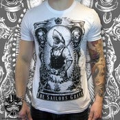 Image of Sailors Grave t shirt oversized print. White tee, black print