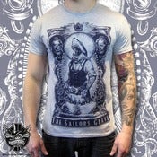 Image of Sailors Grave t shirt oversized print. Grey tee, Navy print
