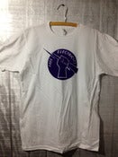 Image of FREE ELECTRICITY logo TEE purple ink on white tshirt sizes MEDIUM and LARGE