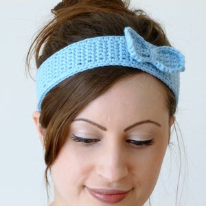 Image of Crochet bow thin headband in blue 