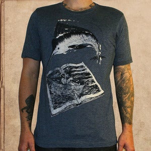 Image of the Old Man and the Sea - antique blue - discharge inks - unisex