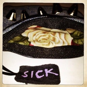Image of SICK COIN PURSE - BLUEDENIMSTUDS/WHITEROSE