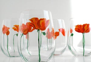 Image of Poppies Stemless Wine Glasses - Set of 2