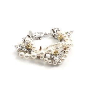 Image of London Calling 2-tone Skull & Crystal Bracelet W/Pearls - Rhodium/Gold/Rose Gold Spikes