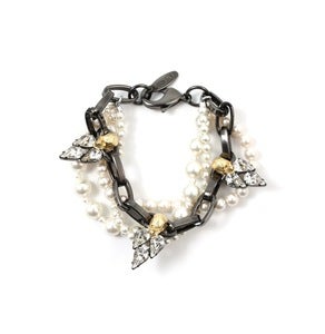 Image of London Calling 2-tone Skull & Crystal Bracelet W/Pearls - Hematite/16K Gold/Silver Spikes