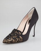 Image of Rene Caovilla Black Bead Embellished Satin Lace Pump SZ 36.5