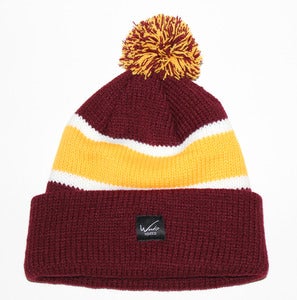 Image of Easy Script Pom Beanie in Burgundy and Gold