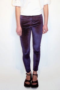 Image of blue stretch velvet high waisted leggings 