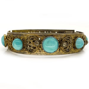 Image of Vintage Art Deco Czech Ornate Turquoise Peking Glass Oriental Style Bracelet 