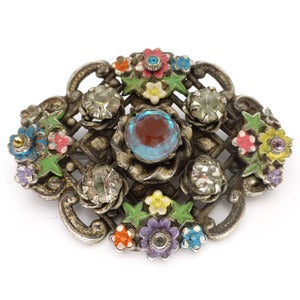 Image of Vintage Saphiret Glass Czech Art Deco Floral Paste Pin Brooch