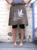 Image of peacock feather print on organic cotton tan dress/skirt small one of a kind