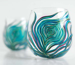 Image of Peacock Feather Stemless Wine Glass - Single Hand Painted Peacock Glass