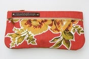 Image of double zip clutch in tomato with vintage floral appliques (c)