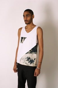 Image of White Jersey Vest with Diagonal Marble Dye Sheeting Panel and Pocket