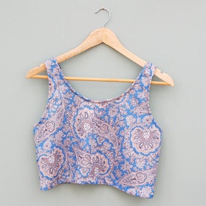 Image of Handmade Baby Blue Paisley Floral Crop Top by Laura Ralph 