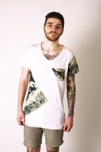 Image of White T-Shirt with Marble Dye Sheeting Panels and Pocket