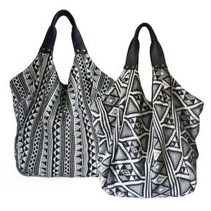 Image of HAVA Bag in Geometric or Aztec Jacquard with Leather Handles