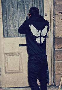 Image of Dove Print Faux Leather Cross Hoody Hooded Zip Up Hoodie