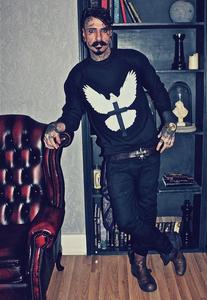 Image of ALICE BOYS Dove Print Faux Leather Cross Black Jumper