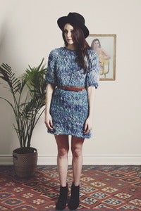Image of halton hand knit merino sweater dress (shown in dark sky)