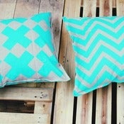 Image of Aqua Reversible Linen Mix Cushion Covers 