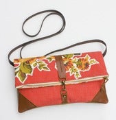 Image of foldover bag in tomato red with vintage floral appliques (b)