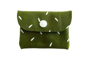 Image of Card Holder- Emerald Green Leather with White Seeds