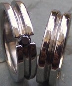 Image of Titanium Striped Tension Set Band Brilliant Cut Black Diamond Wedding Ring Set