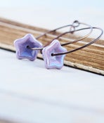Image of Lavender Purple Czech Glass Iridescent Flowers Suspended on Handmade Hoops - Meadow Hoop Earrings