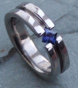 Image of Titanium Tension Set Ring Band Princess Cut Blue Sapphire