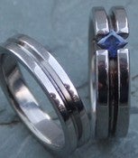 Image of Titanium Tension Set Princess Cut Blue Sapphire Engagement Ring and Wedding Band Set