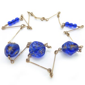 Image of Vintage Art Deco Bohemian Gold Star Bristol Blue Moulded Glass Bead Necklace