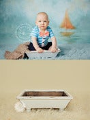 Image of White Square Pedestal - Shallow Wood Bucket - Vintage Style - Newborn Infant