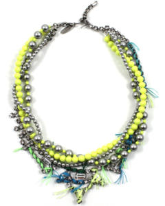 Image of Tribe Festival Crystal & Pearl Necklace w/Thread Details - Lt. Grey/Neon Yellow