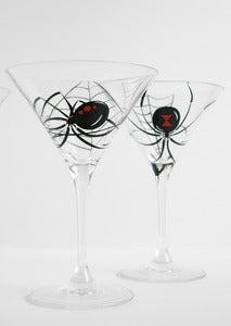 Image of Black Widow Spider Martini Glasses - Set of 2 Hand Painted Halloween Glasses