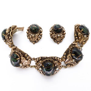 Image of Vintage Demi Parure Victorian Revival Ornate Gilt Green Aventurine Glass Earrings & Bracelet