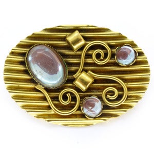 Image of Vintage Saphiret Glass Stone Gold Tone Crinkle Ornate Pin Brooch