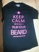 Image of LADIES KEEP CALM WHILE I RUB YOUR BEARD TSHIRT BLACK WITH PINK PRINT 