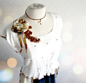 Image of Plus Size Tunic 1X Boho Clothing Long Sweater Upcycled Eco White Top Tattered Tunic