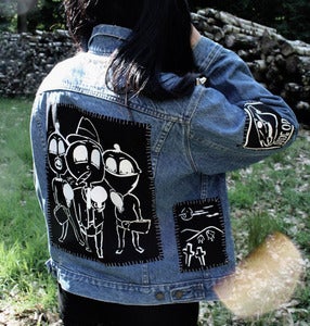 Image of Stitched up! Mid blue 'Smoking jacket' denim jacket (Medium)