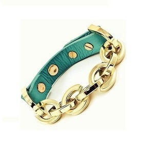 Image of Turquoise Leather and Gold Chain Bracelet