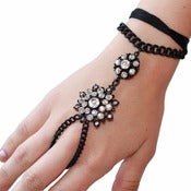 Image of Black Floral Crystal Hand Chain Bracelet