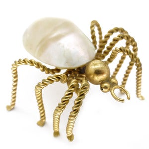 Image of Vintage Large Art Deco Shell Gold Metal Twist Spider Insect Pin Brooch