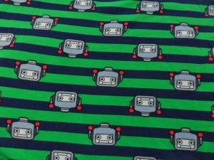 Image of Robots on Navy/Green Stripes (Stretchy Knit Jersey)