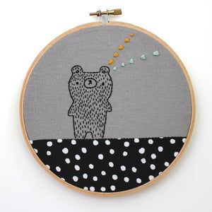 Image of Moomi the Bear who reads minds - Hand embroidered wall hanging - Ready to Ship
