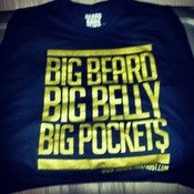 Image of BIG BEARDS BIG BELLY BIG POCKETS T SHIRT BLACK WITH GOLD PRINT 