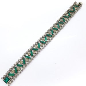 Image of Vintage French Art Deco Green & White Bezel Set Glass Paste Rhinestone Bracelet