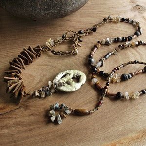Image of Lariat necklace with gemstones, leather & pewter