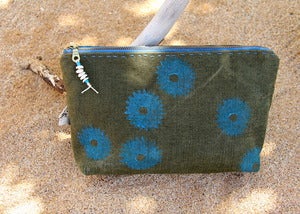 Image of Handmade Vintage French Linen Hand Printed Pouch Bag Clutch - Electric Blue Sea Urchin