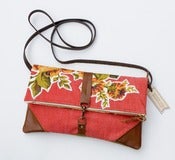 Image of foldover bag in tomato red with vintage floral appliques (c)